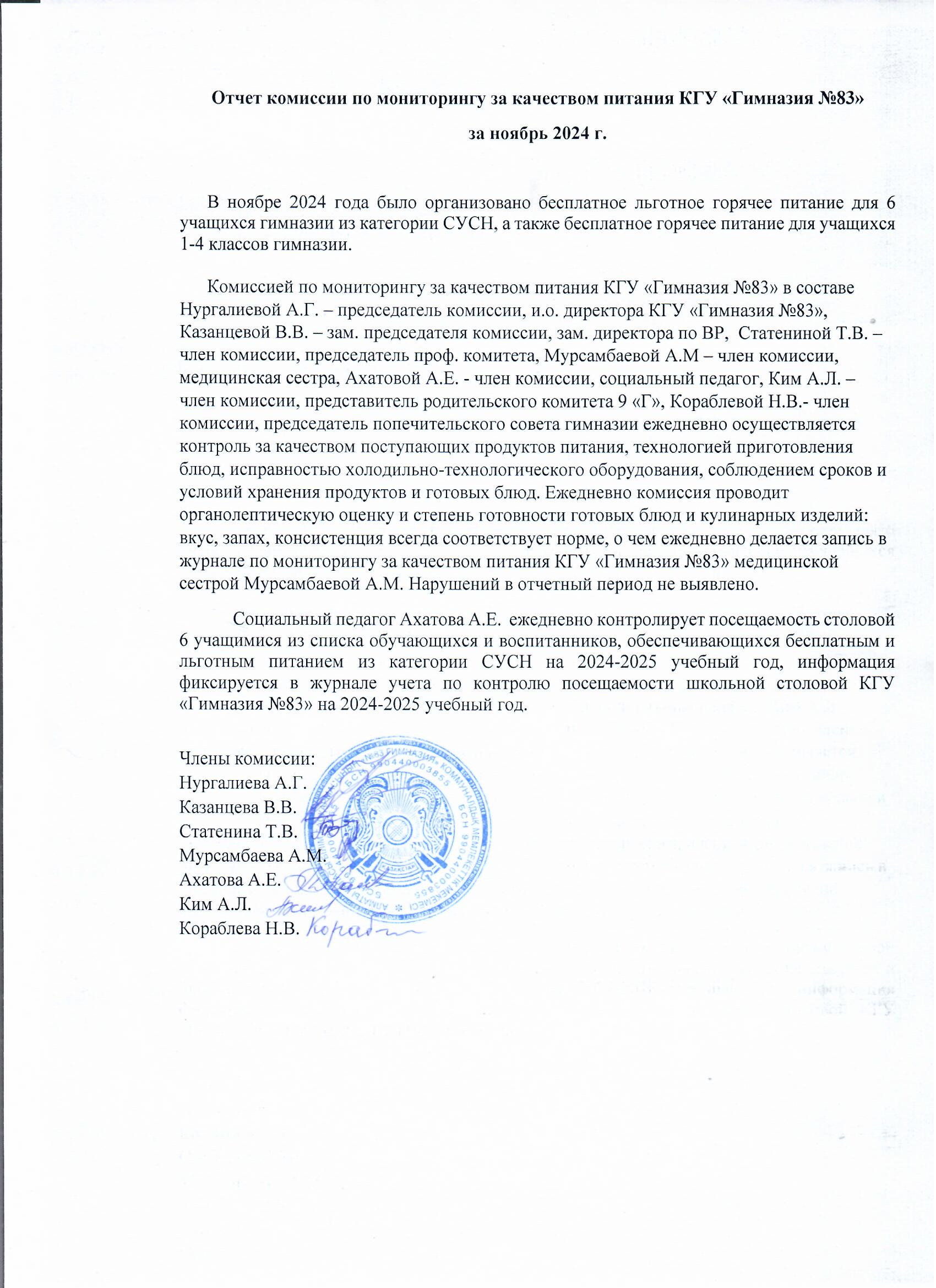 Отчет комисии по мониторингу за качеством питания КГУ "Гимназия №83" за ноябрь 2024 год.