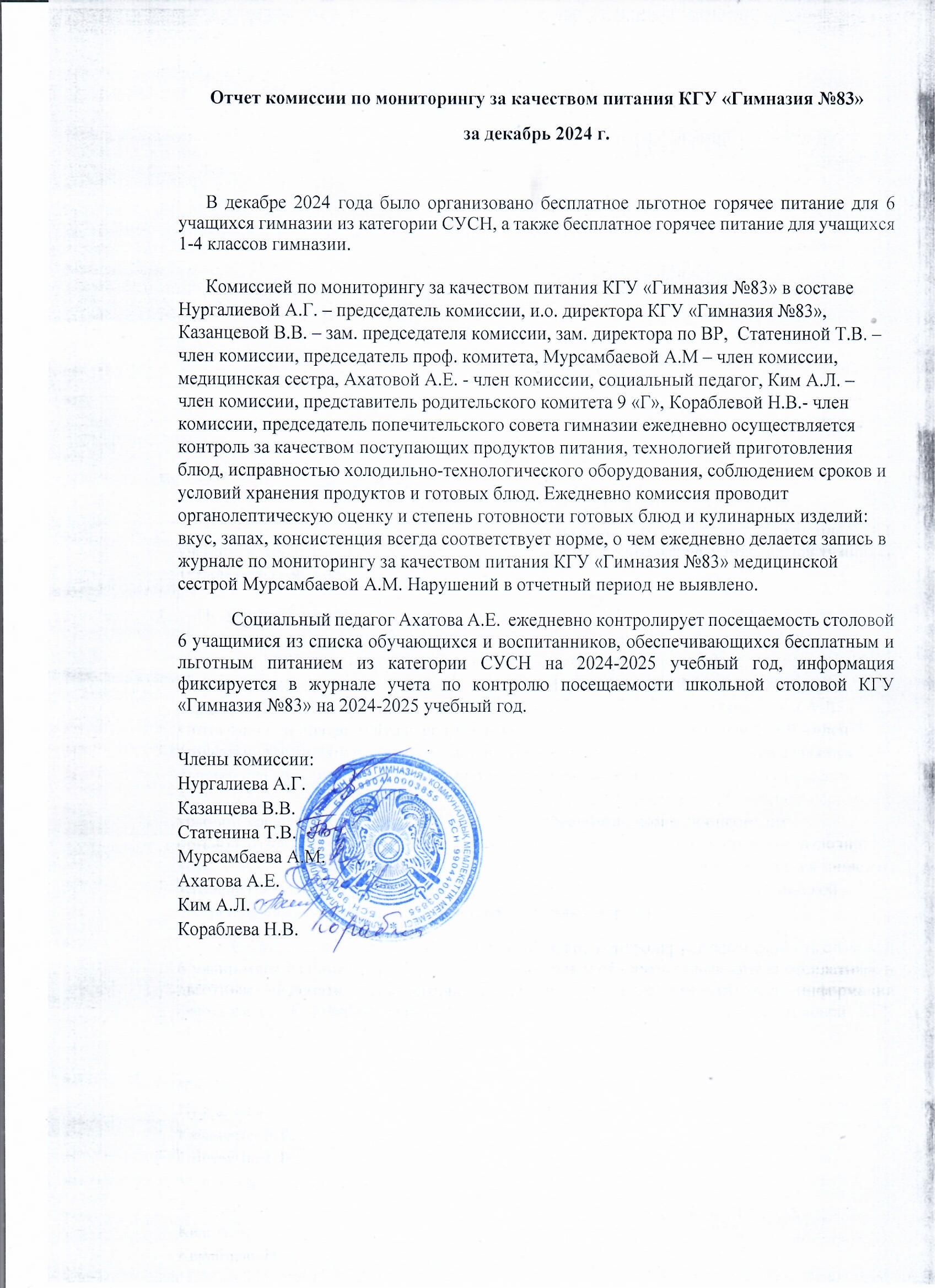 Отчет комиссии по мониторингу за качеством питания КГУ "Гимназия №83" за декабрь 2024 г.