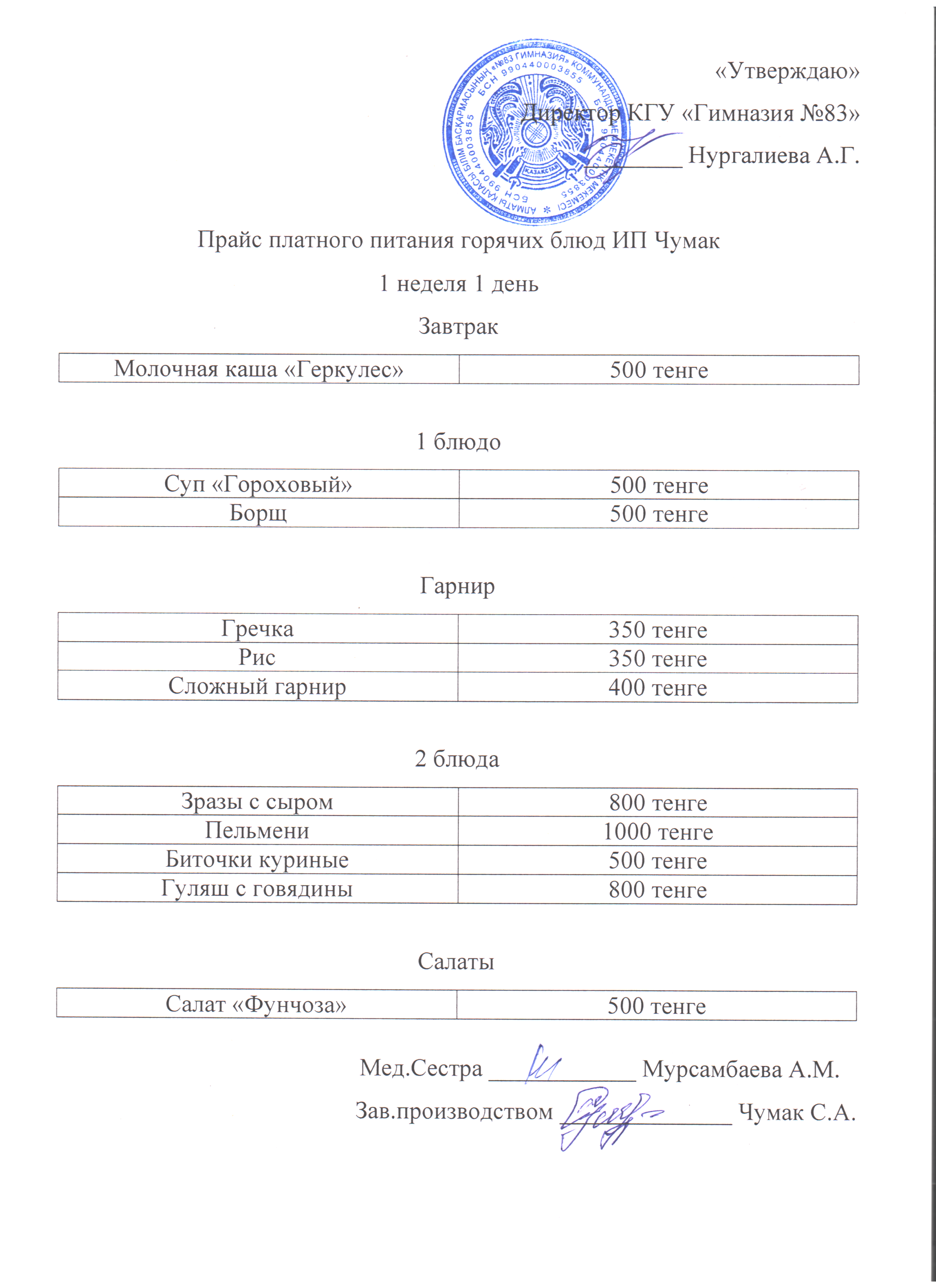 Прайс платного питания горячих блюд