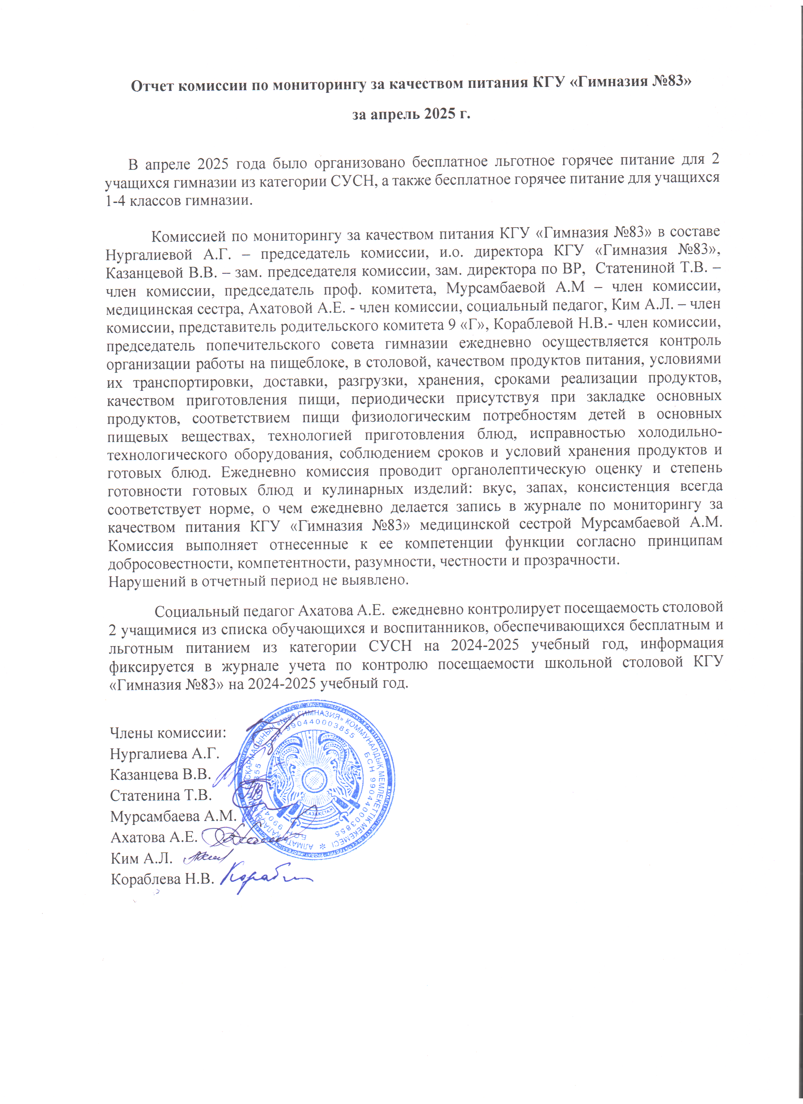 Отчет комиссии по мониторингу за качеством питания КГУ "Гимназия №83" за апрель