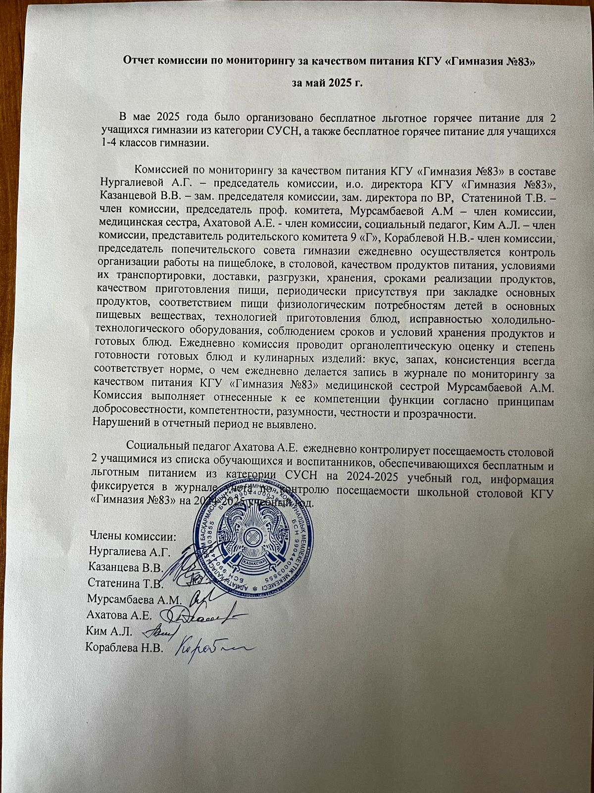 Отчет комиссии по мониторингу за качеством питания КГУ "Гимназия №83" за май